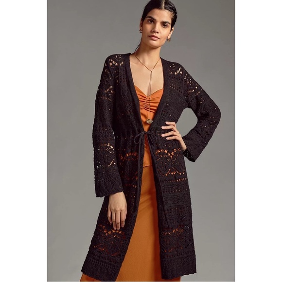 ANTHROPOLOGIE Pointelle Cardigan Sweater Long Sleeve Top Black Size S NWT - Picture 7 of 8